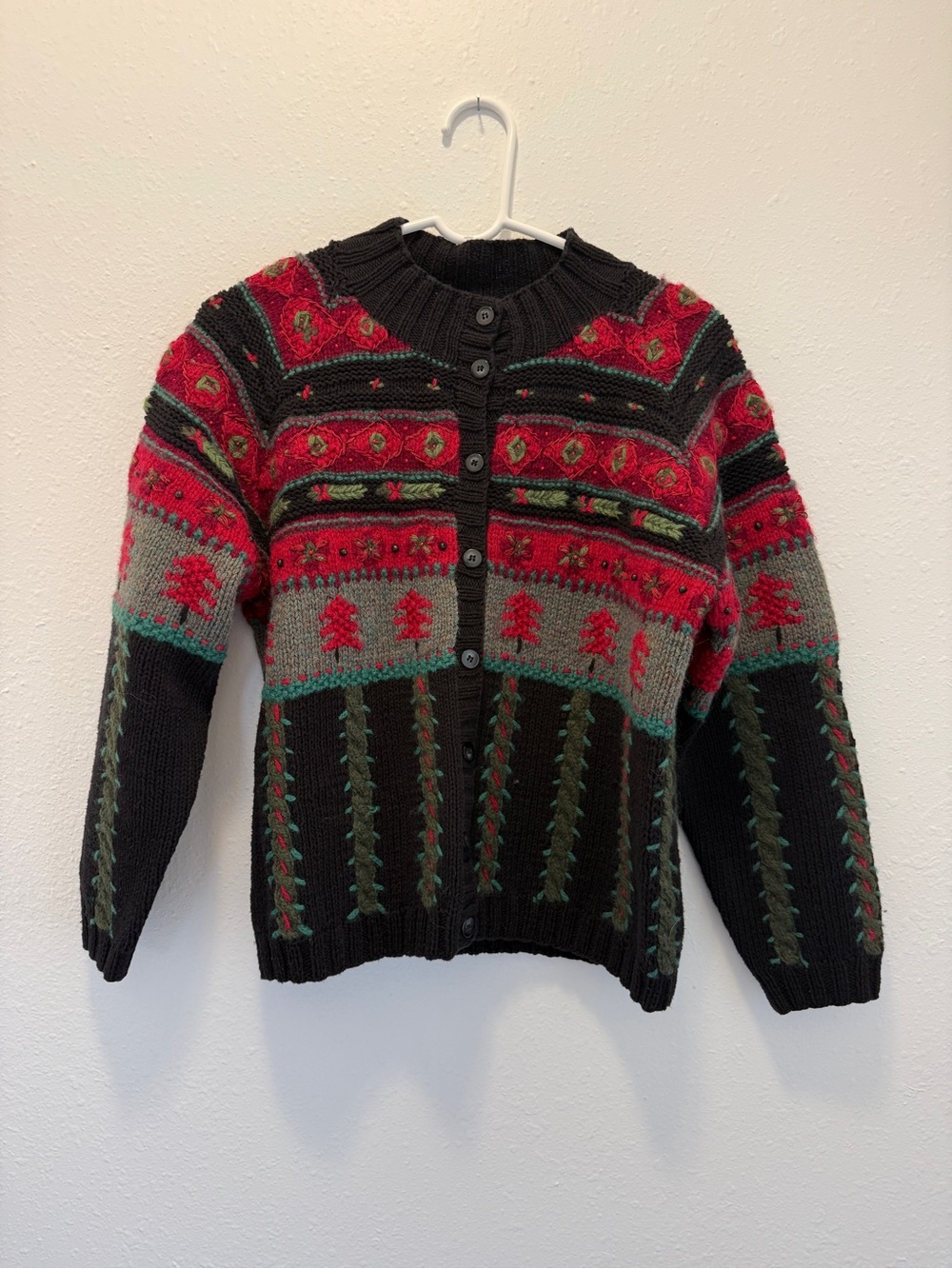 Vintage Talbots Petites Wool Cotton Ugly Christmas Tree Cardigan Sweater XSP